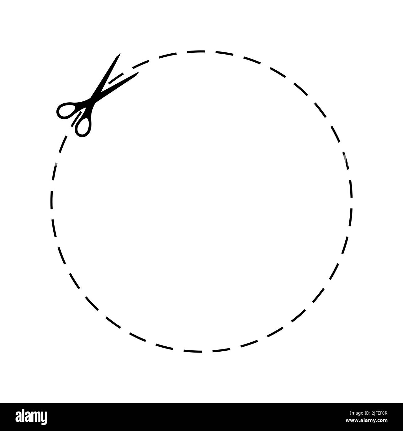 Scrissors cut dotted line circle coupon with dash icon. Stock Vector