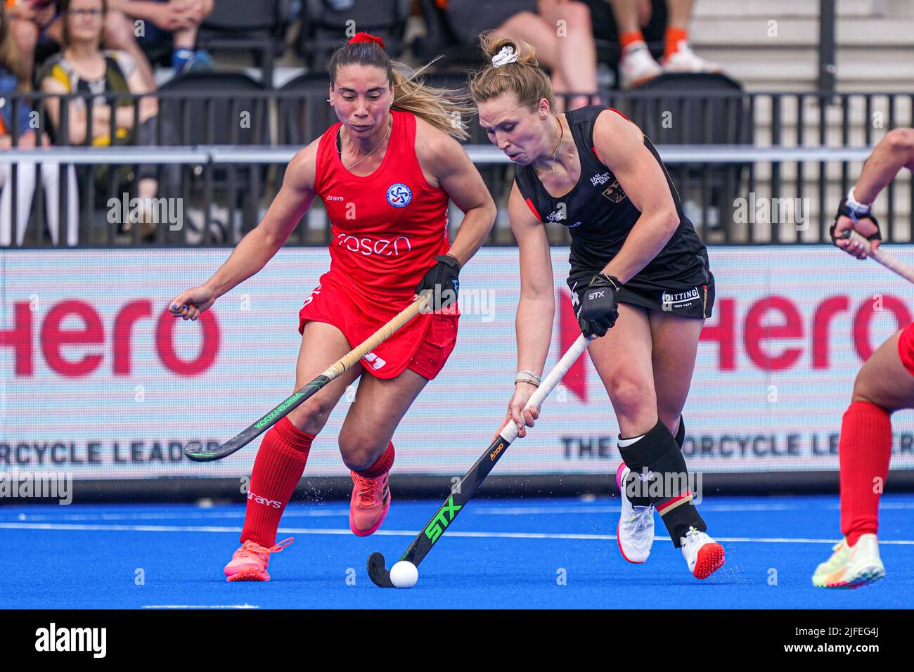 AMSTELVEEN, NETHERLANDS - JULY 2: Nike Lorenz of Germany during the FIH  Hockey Women's World Cup 2022 match between Germany and Chile at the  Wagener Hockey Stadium on July 2, 2022 in