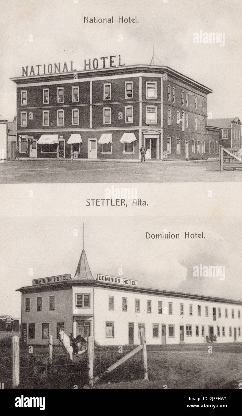National and Dominion Hotels, Stettler Alberta Canada, approx 1909 postcard. unidentified photographer Stock Photo