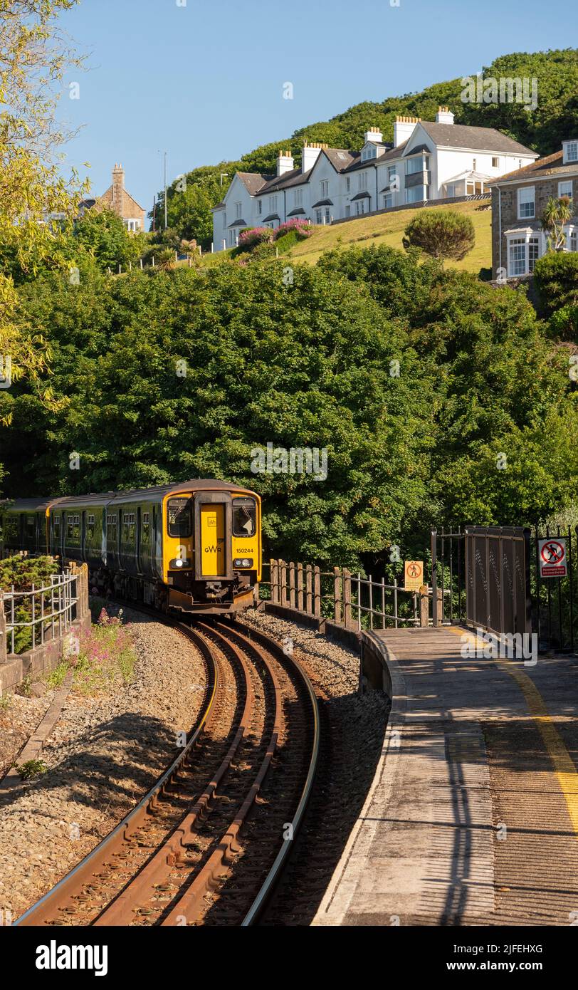 St. Ives, Cornwall, England, UK. 2022. Branch line passenger train arriving at St Ives station from St Erth. The St Ives Bay Line. Stock Photo