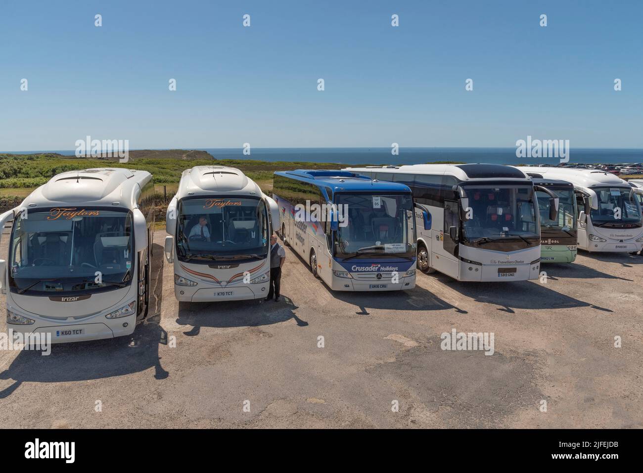 Cornwall, England, UK. 2022. Holiday coaches parked along the Cornish