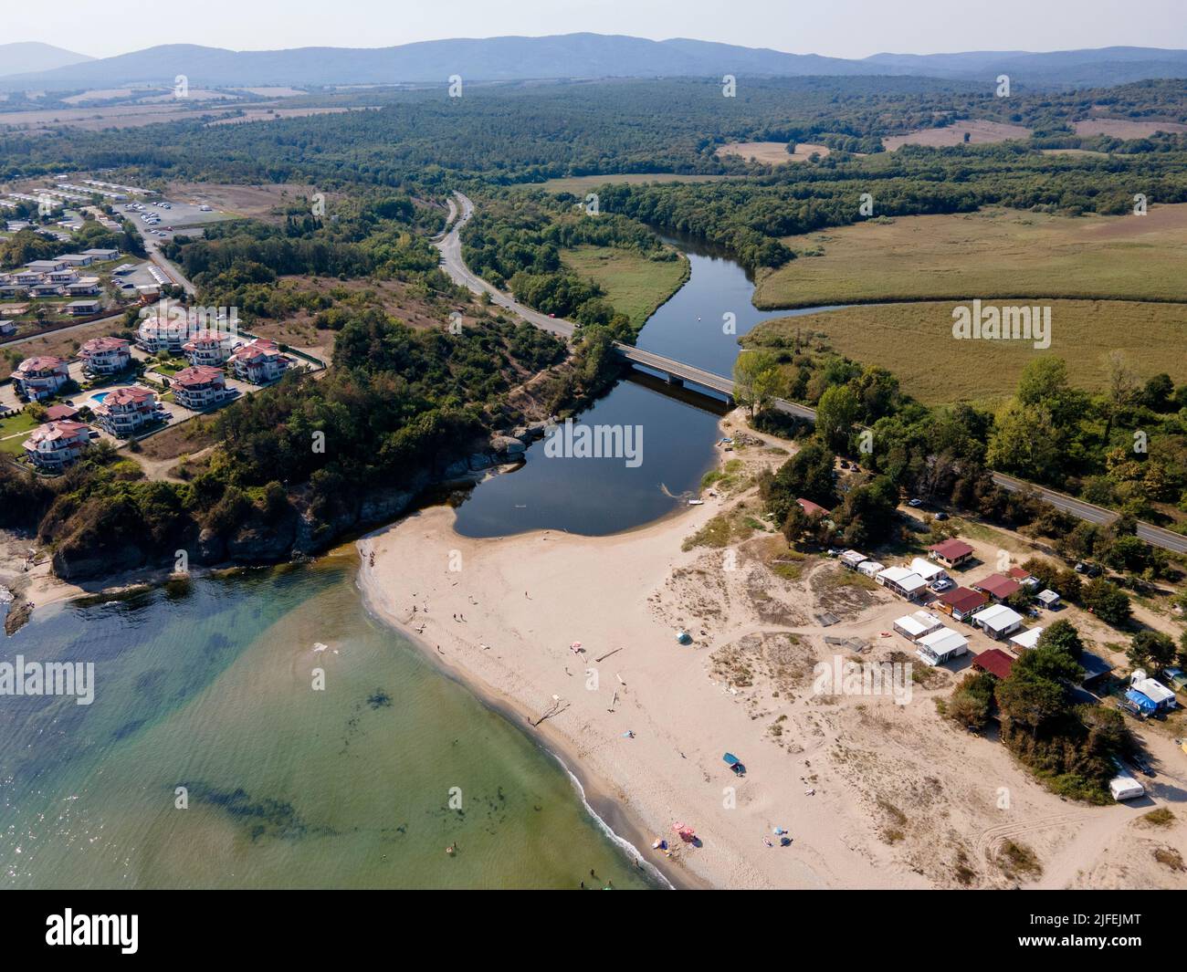 Amazing Aerial view of South Beach of town of Kiten, Burgas Region, Bulgaria Stock Photo