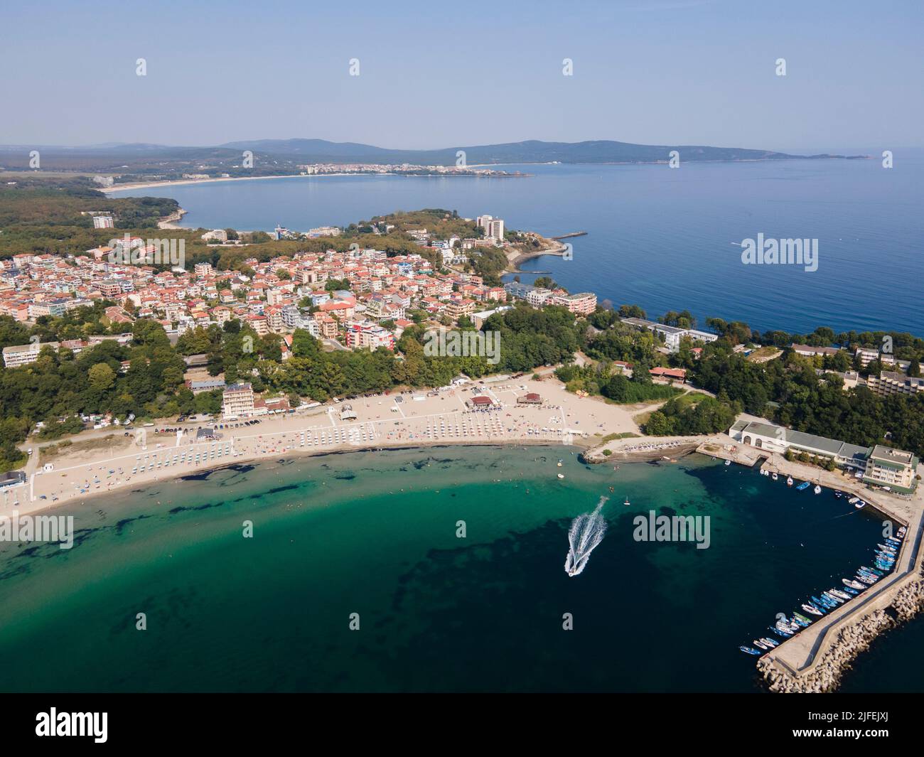 Amazing Aerial view of South Beach of town of Kiten, Burgas Region, Bulgaria Stock Photo