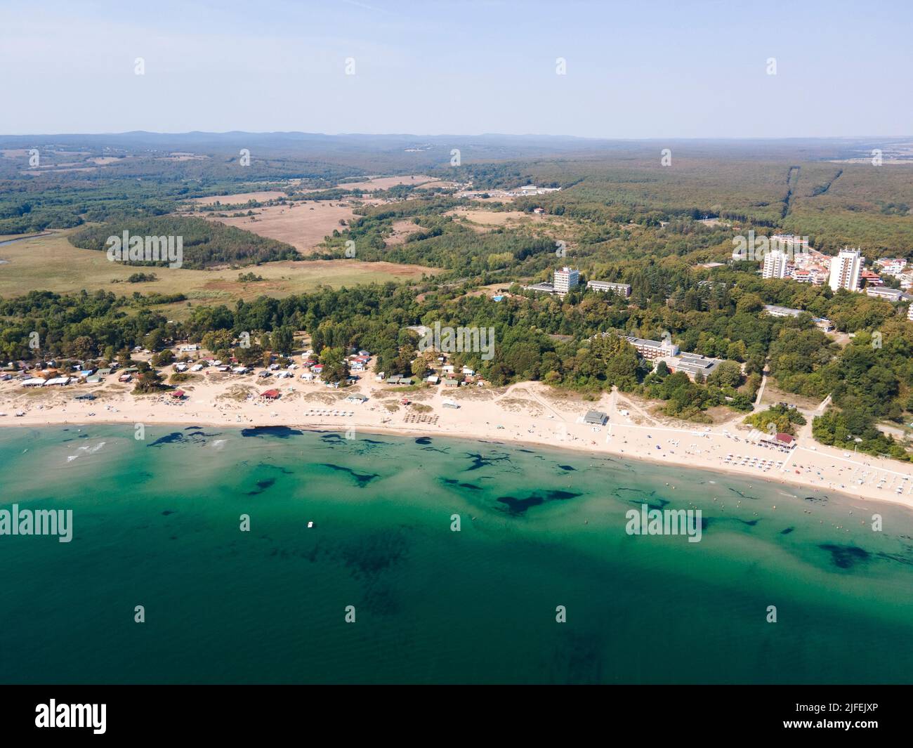 Amazing Aerial view of South Beach of town of Kiten, Burgas Region, Bulgaria Stock Photo