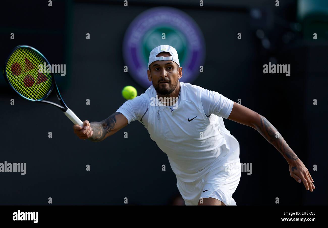 Nick Kyrgios during his Men's Singles third round match against Stefanos Tsitsipas during day six of the 2022 Wimbledon Championships at the All England Lawn Tennis and Croquet Club, Wimbledon. Picture date: Saturday July 2, 2022. Stock Photo
