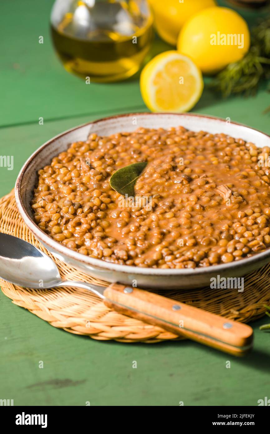 Fakes soup. Lentil soup with tomato sauce garlic and laurel leaf. Greek