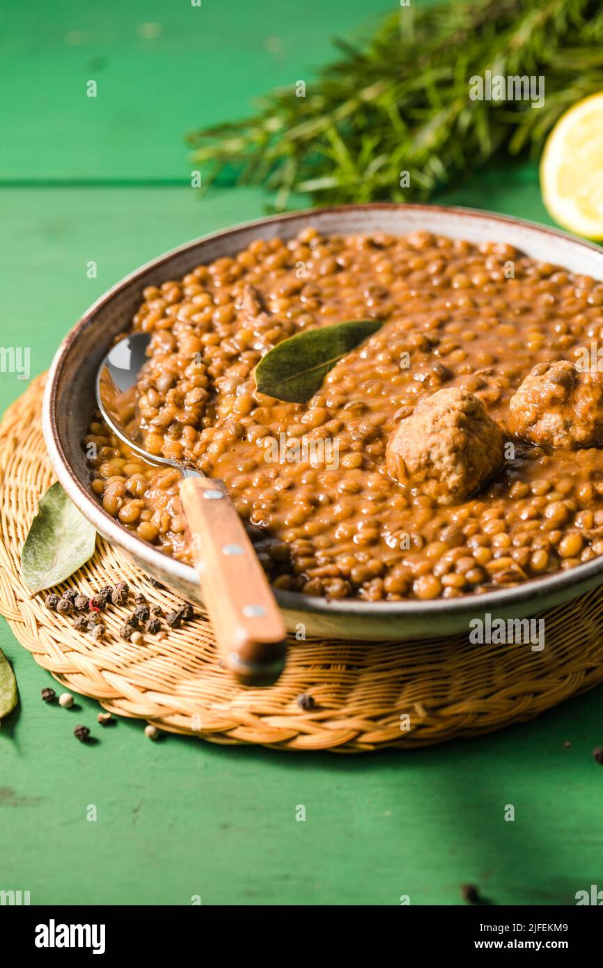 Fakes soup. Lentil soup with tomato sauce garlic and laurel leaf. Greek