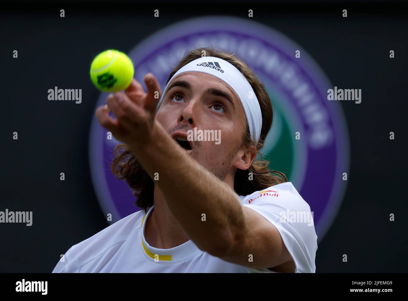 Stefanos Tsitsipas during his Men's Singles third round match against Nick Kyrgios during day six of the 2022 Wimbledon Championships at the All England Lawn Tennis and Croquet Club, Wimbledon. Picture date: Saturday July 2, 2022. Stock Photo