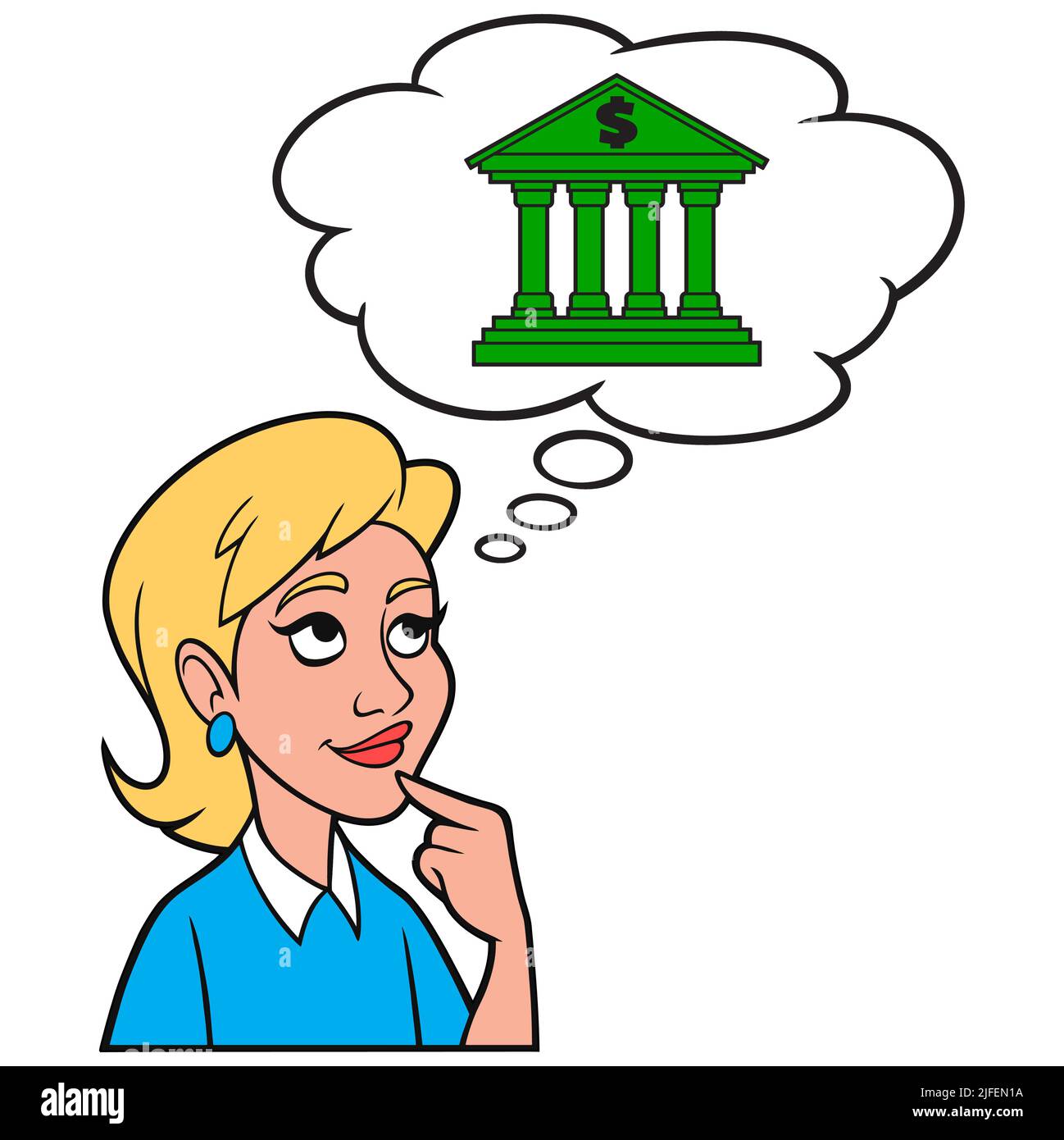Girl thinking about a Bank - A cartoon illustration of a Girl thinking  about starting a savings account at a Bank Stock Vector Image & Art - Alamy