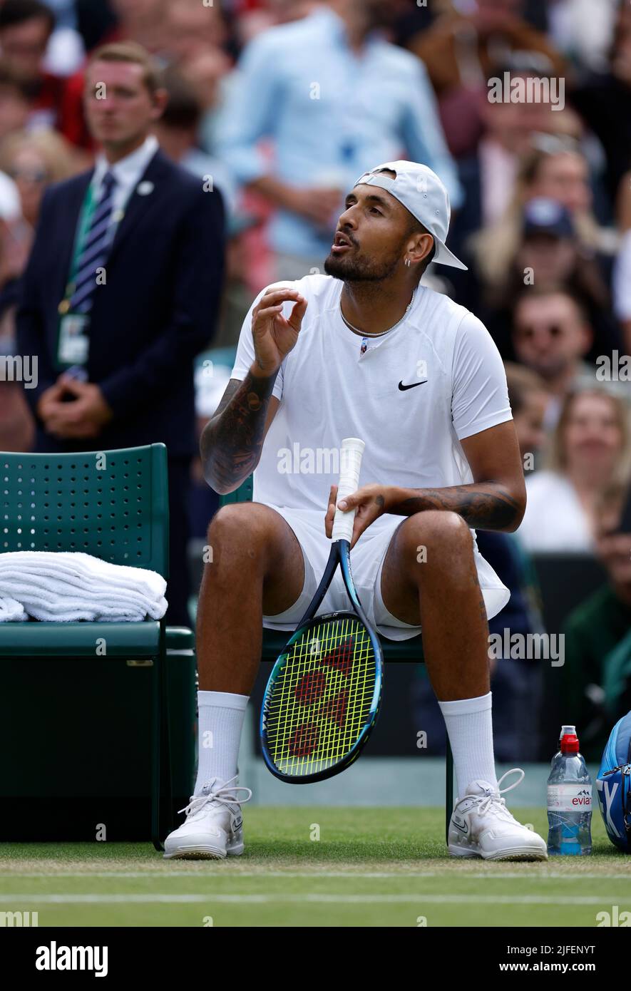 Nick Kyrgios reacts during his Men's Singles third round match against Stefanos Tsitsipas during day six of the 2022 Wimbledon Championships at the All England Lawn Tennis and Croquet Club, Wimbledon. Picture date: Saturday July 2, 2022. Stock Photo