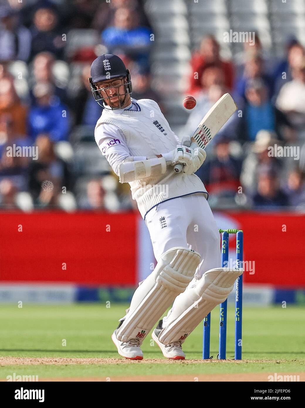 Jack Leach of England dodges a bouncer from Mohammad Shami of India