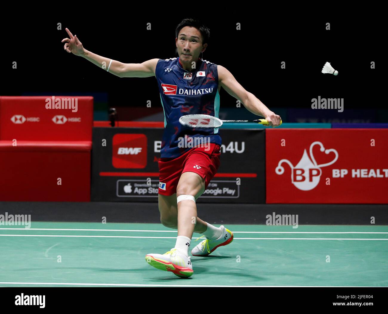 Kento Momota of Japan competes against Kunlavut Vitidsarn of Thailand during the Mens Single semi-finals match of the Petronas Malaysia Open 2022 at Axiata Arena, Bukit Jalil