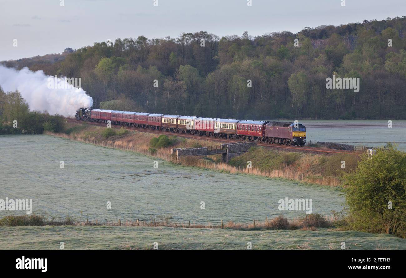 West Coast railways class 47 diesel locomotive hauling empty carriages for the UK wide great Briton 14 rail tour with the seam locomotives on the rear Stock Photo