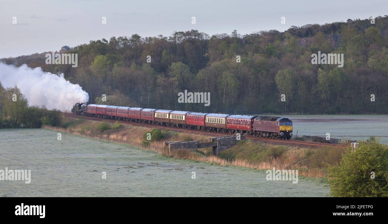 West Coast railways class 47 diesel locomotive hauling empty carriages for the UK wide great Briton 14 rail tour with the seam locomotives on the rear Stock Photo