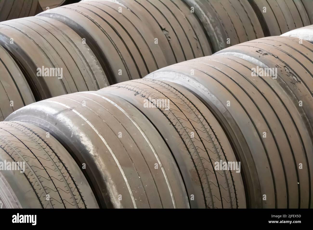 Used tires to be recycled in a workshop Stock Photo