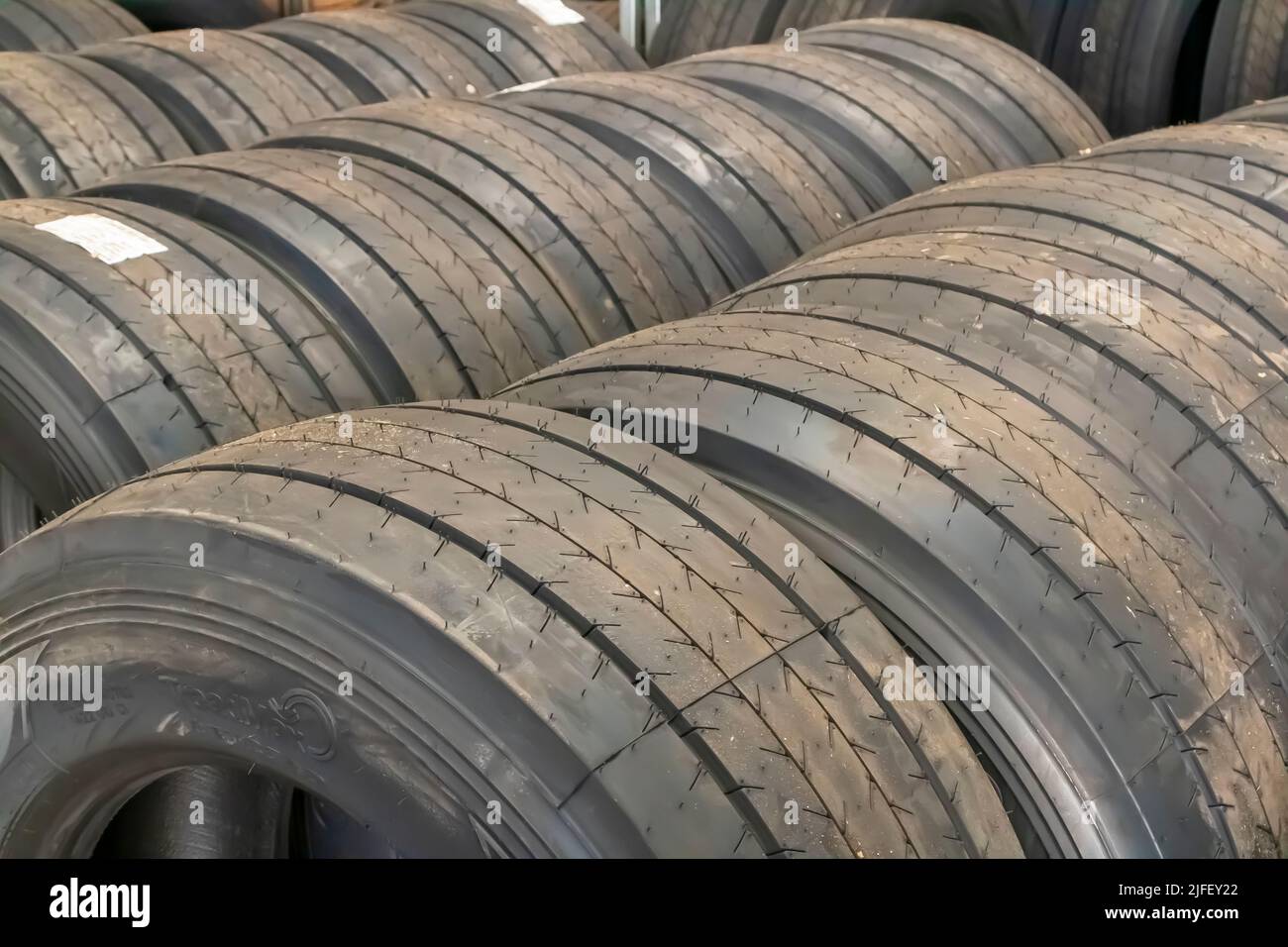 Pile of tires in a Workshop. Stock Photo
