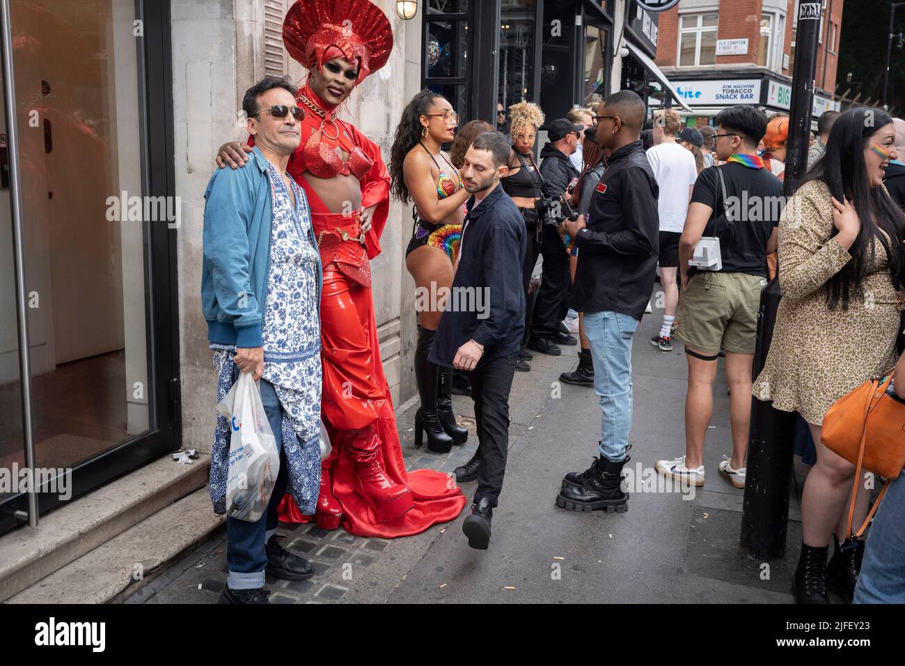 Members of the LGBTQ+ community gather in Soho streets during the 50th Gay Pride celebrations, on 2nd July 2022, in London, England. London's first Pride was organised by the Gay Liberation Front (GLF) in 1972. Stock Photo