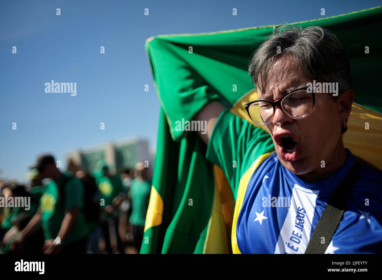 A woman attends an Evangelical March for Jesus in Brasilia, Brazil July 2, 2022. REUTERS/Ueslei Marcelino Stock Photo