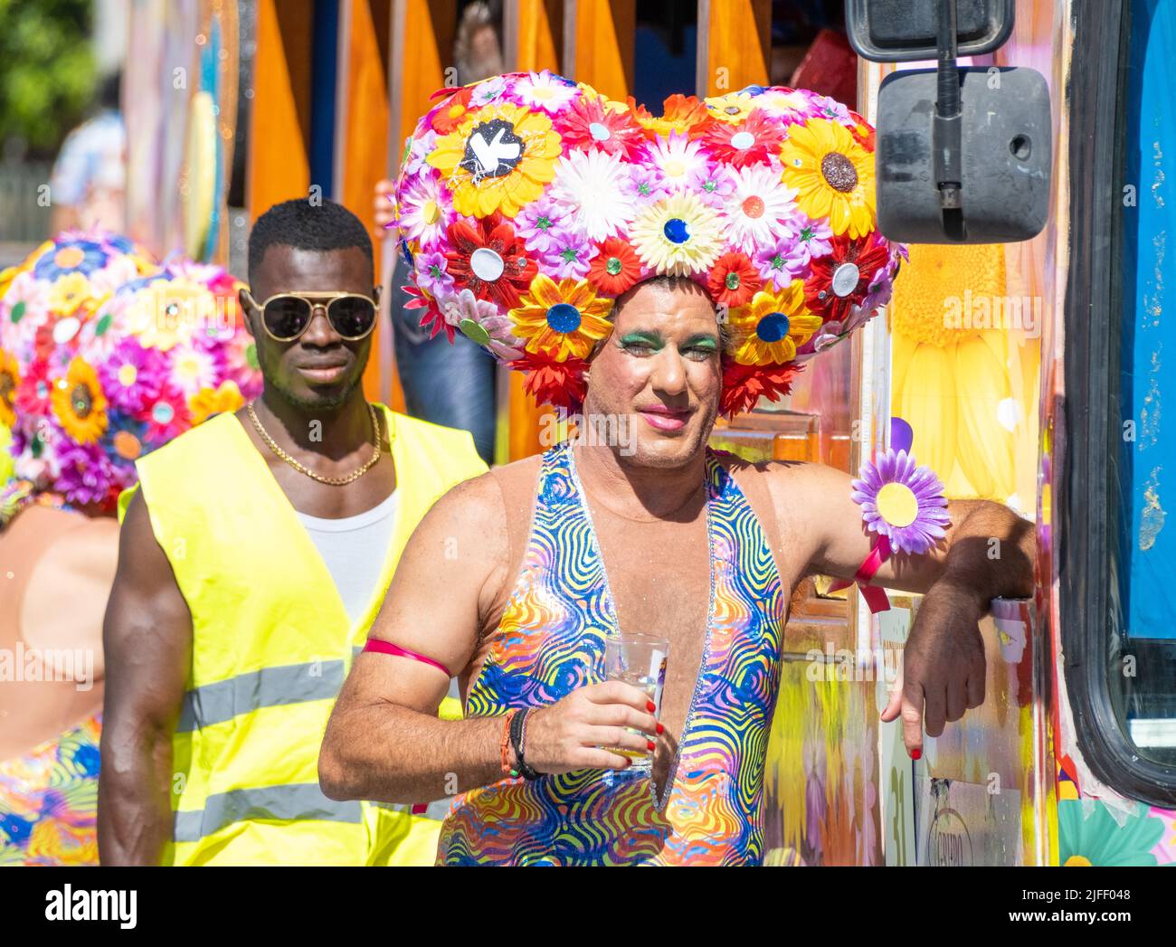 Las Palmas, Gran Canaria, Canary Islands, Spain. 2nd July, 2022. Thousand of people in fancy dress enjoying the Las Palmas Carnival street parade in blazing sunshine. Credit: Alan Dawson/ Alamy Live News. Stock Photo