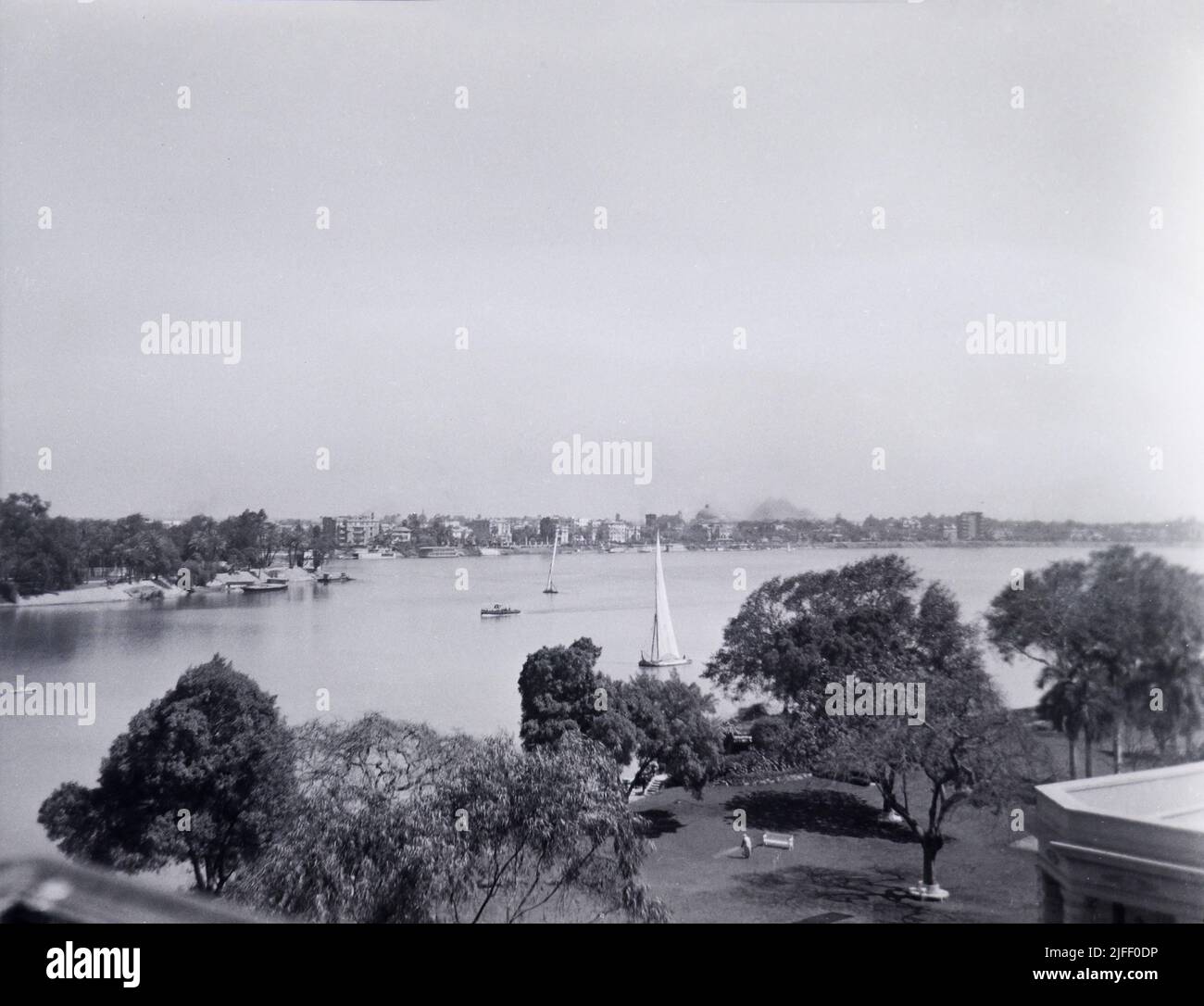 Vintage 1940's 1945 Maadi Egypt looking towards Giza and the Pyramids - on the Nile River B&W Stock Photo