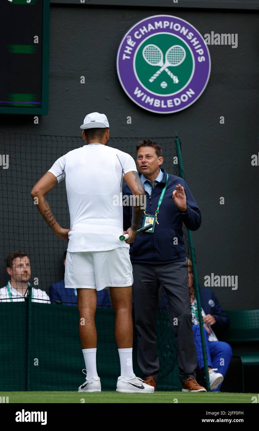 Nick Kyrgios speaks an official after the second set during their Men's Singles third round match during day six of the 2022 Wimbledon Championships at the All England Lawn Tennis and Croquet Club, Wimbledon. Picture date: Saturday July 2, 2022. Stock Photo