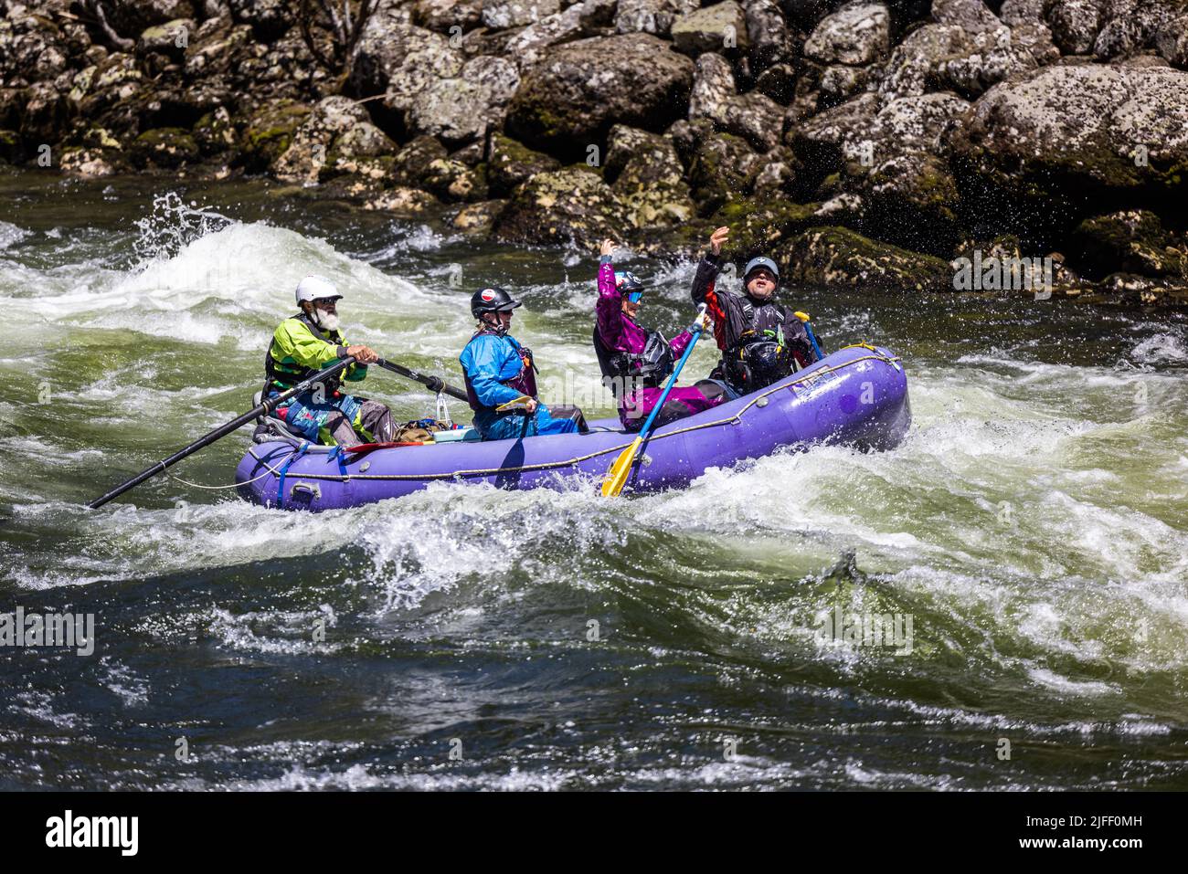 Koskia, Idaho/USA - June 22, 2022: Rafters enjoying the high waters in the Lochsa river after a very wet winter and spring 2021/2022. Stock Photo