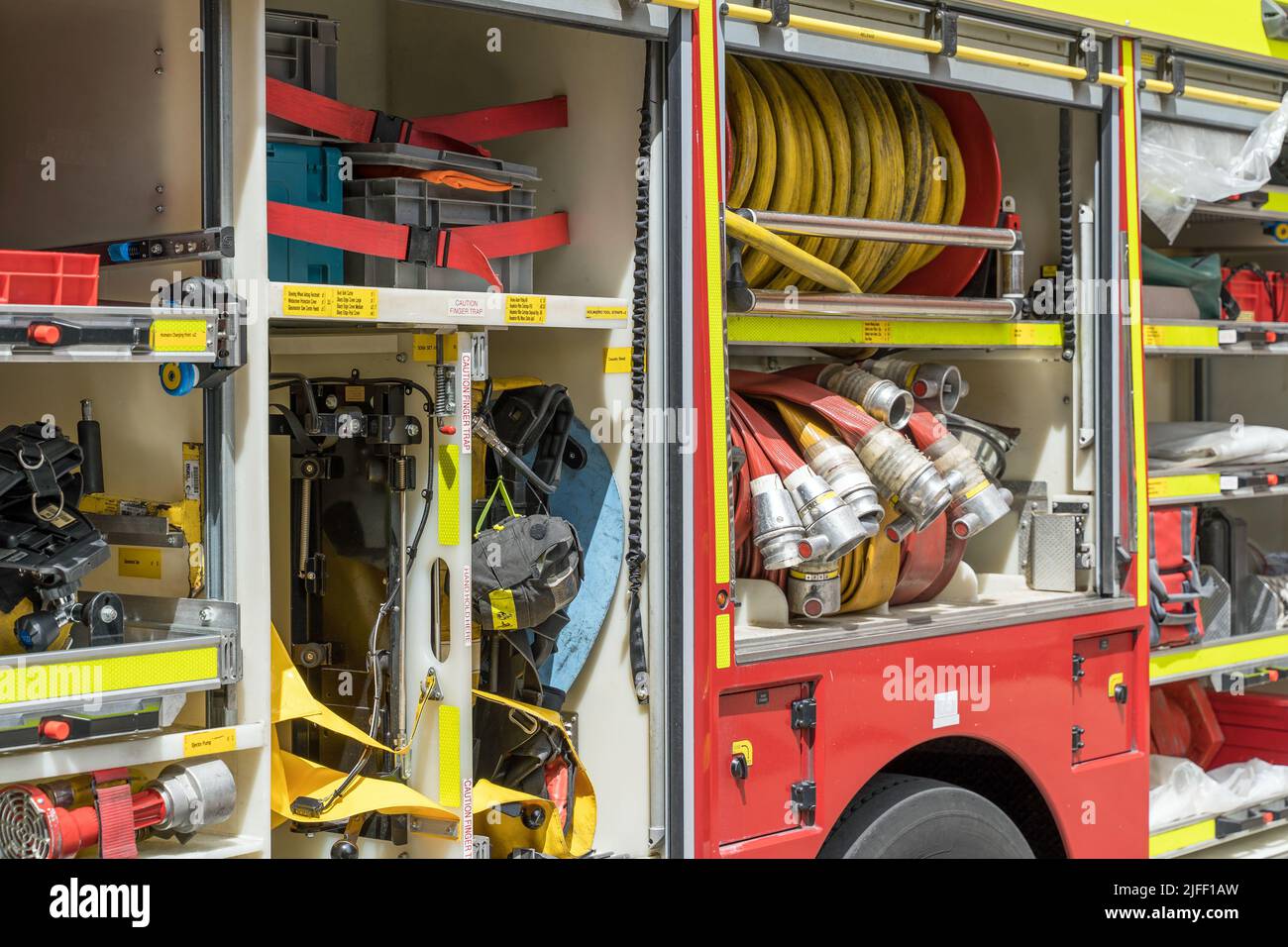 The equipment inside a London Fire Brigade fire engine. London Stock Photo