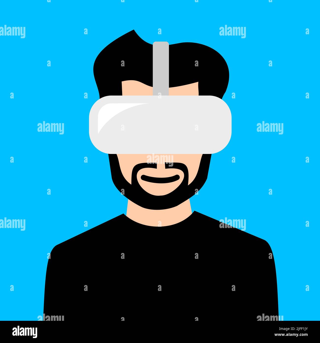 Man and male is using virtual reality headset on his head. Modern AR and VR cybernetic technology and device. Vector illustration isolated on plain ba Stock Photo