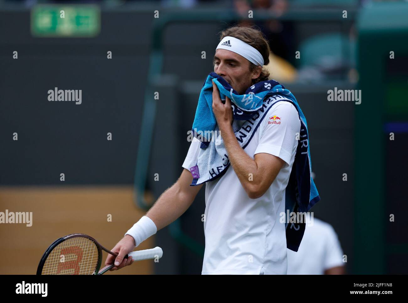Stefanos Tsitsipas after losing the third set during his Men's Singles third round match against Nick Kyrgios during day six of the 2022 Wimbledon Championships at the All England Lawn Tennis and Croquet Club, Wimbledon. Picture date: Saturday July 2, 2022. Stock Photo