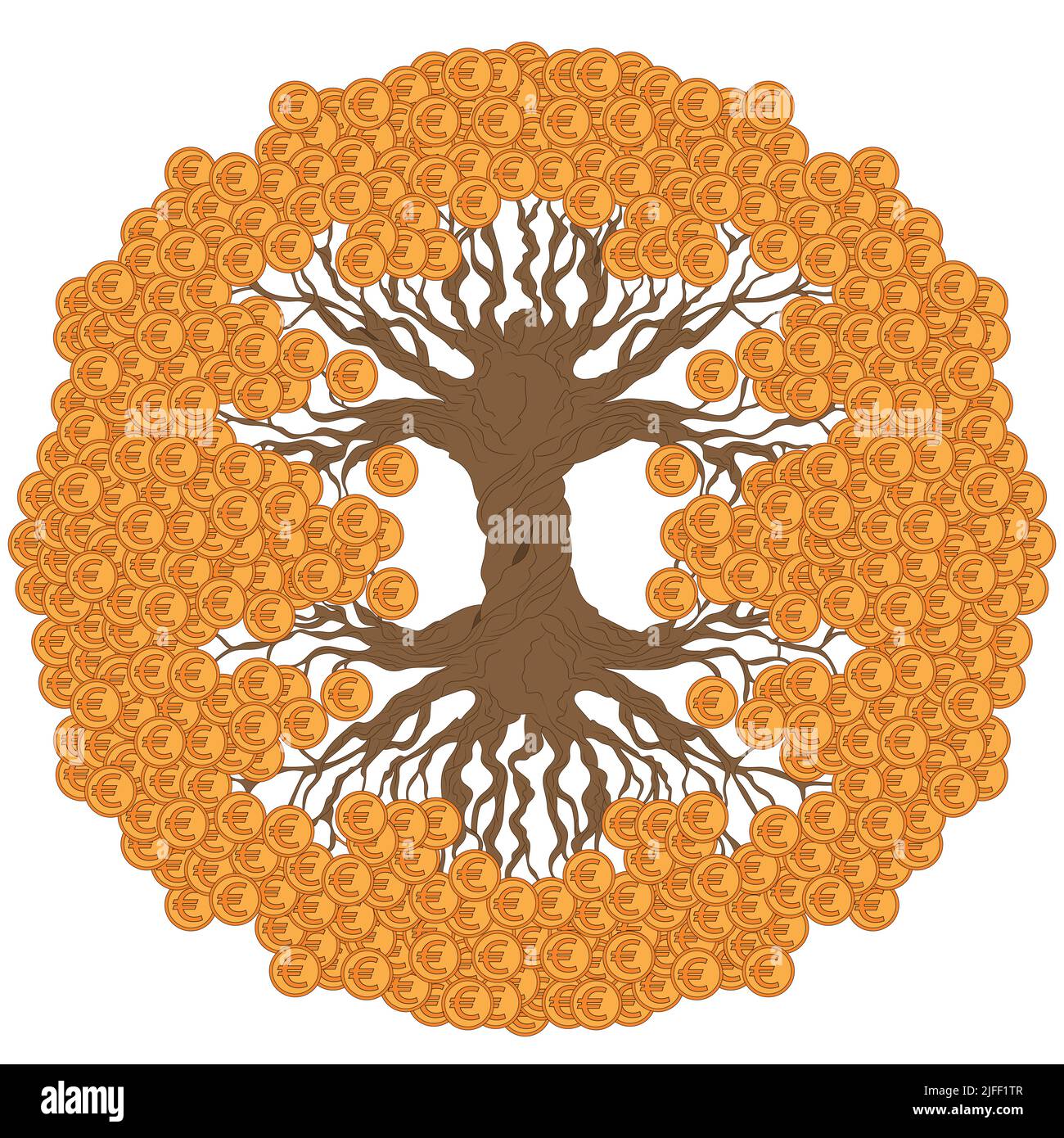 Money tree with EURO coins. A traditional feng shui symbol for attracting wealth and prosperity. Color illustration. Stock Vector