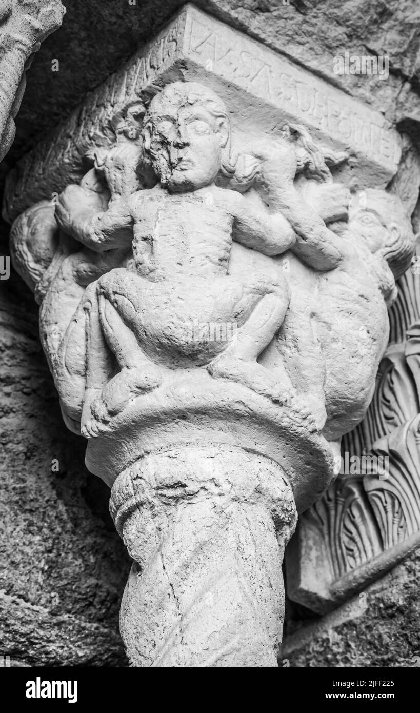 St Michael Abbey - Sacra di San Michele - Italy. Gargoyle monster sculpture, 11th Century Stock Photo