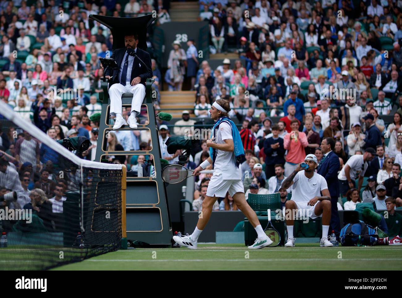 Stefanos Tsitsipas after losing break point in the third set during his Men's Singles third round match against Nick Kyrgios during day six of the 2022 Wimbledon Championships at the All England Lawn Tennis and Croquet Club, Wimbledon. Picture date: Saturday July 2, 2022. Stock Photo