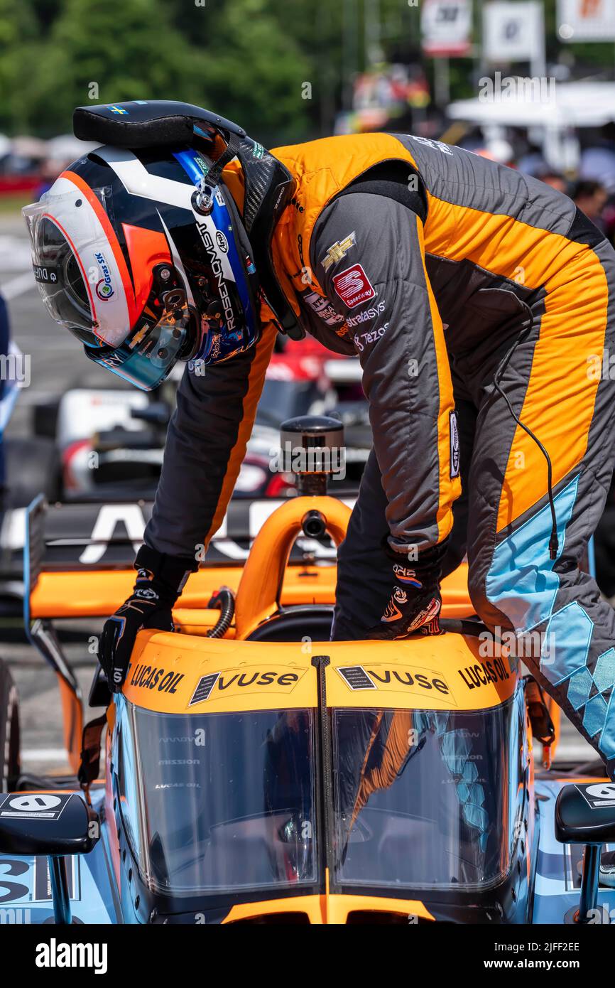 Lexington, OH, USA. 1st July, 2022. FELIX ROSENQVIST (7) of Varnamo, Sweden prepares to practice for the Honda Indy 200 at Mid Ohio Sports Car Course in Lexington OH. (Credit Image: © Walter G. Arce Sr./ZUMA Press Wire) Stock Photo