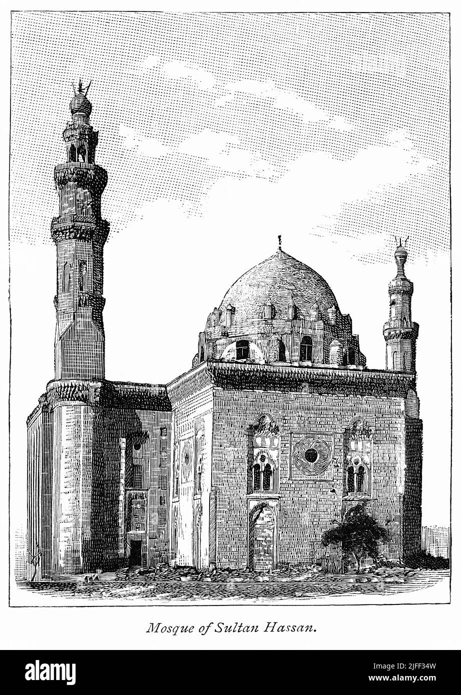Mosque-Madrasa of Sultan Hassan, Illustration from the Book, 'From Pharaoh to Fellah' by C.F. Moberly Bell with Illustrations by Georges Montbard, engraved by Charles Barbant, Wells Gardner, Darton, & Co., London, 1888 Stock Photo