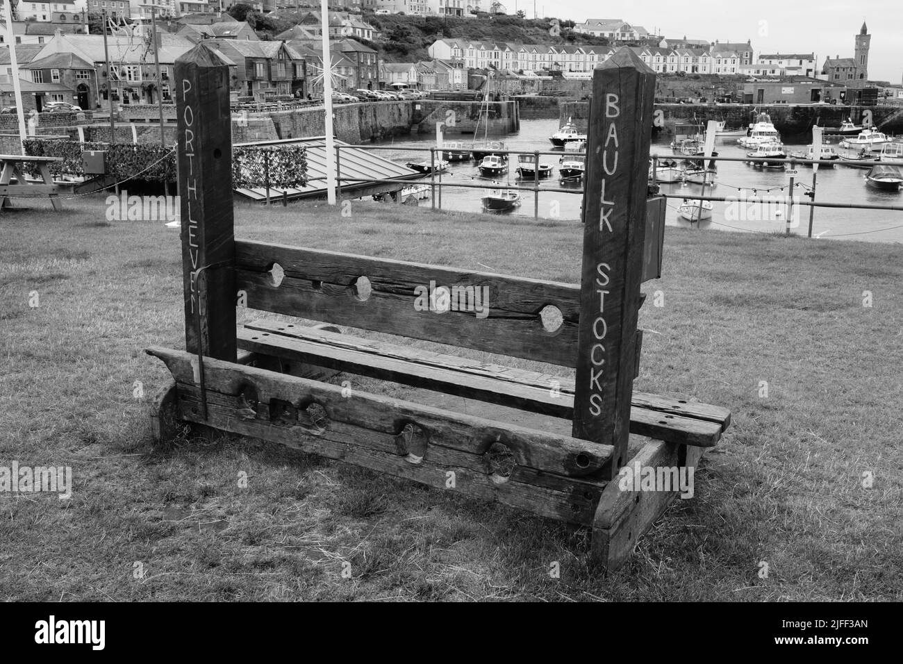 Wooden Stocks in Porthleven, Cornwall Stock Photo
