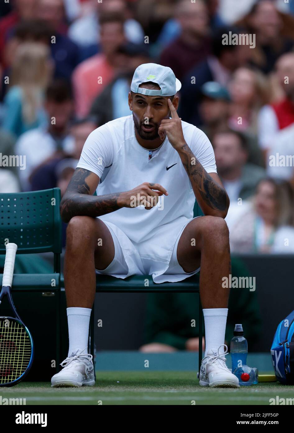 Nick Kyrgios reacts as the roof is closed in the fourth set during his Men's Singles third round match against Stefanos Tsitsipas during day six of the 2022 Wimbledon Championships at the All England Lawn Tennis and Croquet Club, Wimbledon. Picture date: Saturday July 2, 2022. Stock Photo
