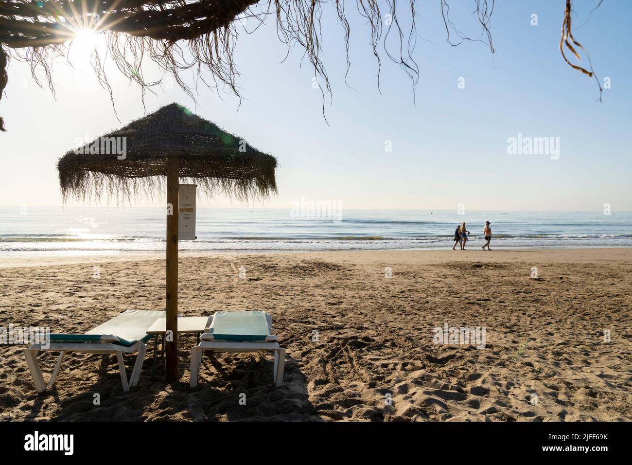 Beach beds seen at the Patacona beach. The beaches of Valencia are one