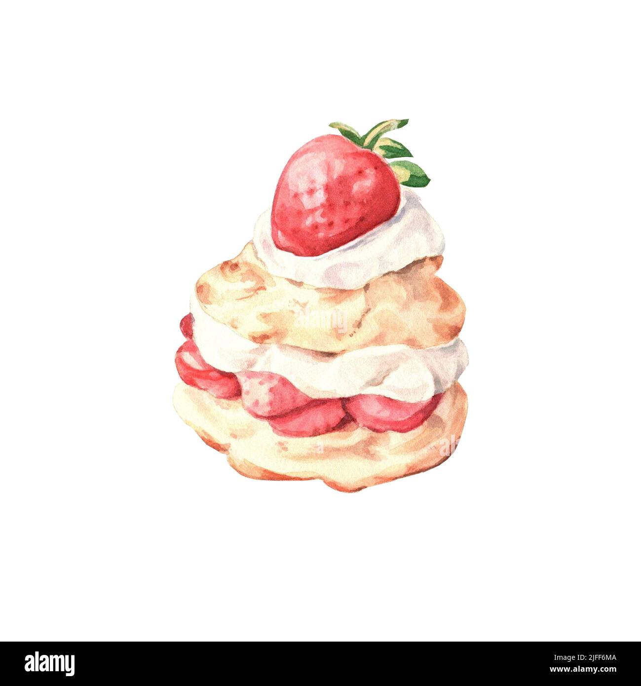 Strawberry shortcake with cream on white background. Watercolor ...