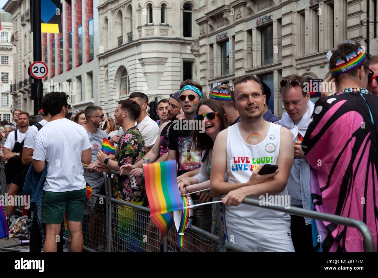 Gay Pride March - Spectators Along March Route  - 2 July 2022,  London, UK Stock Photo