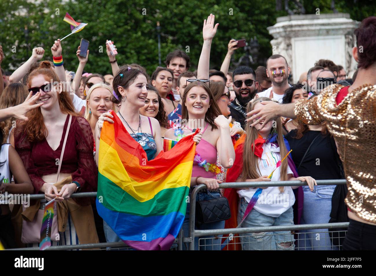 Gay Pride March - Spectators Along March Route  2 July 2022,  London, UK Stock Photo