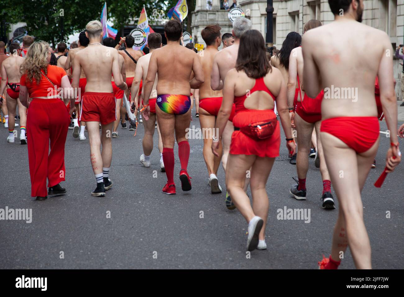 Gay Pride March - Marchers in Red Speedos-  2 July 2022,  London, UK Stock Photo