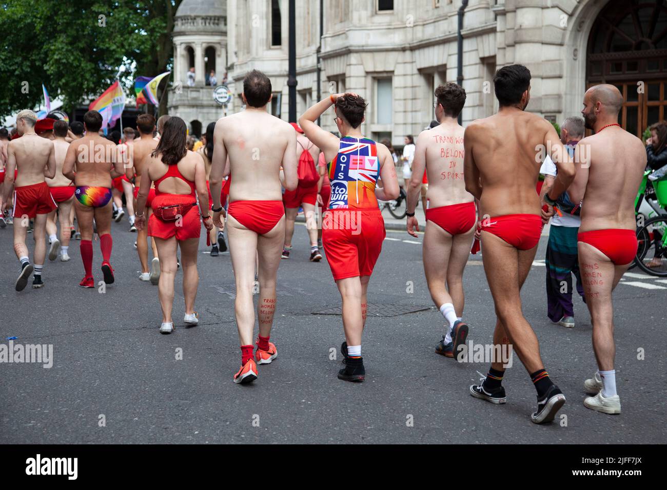 Gay Pride March - Marchers in Red Speedos-  2 July 2022,  London, UK Stock Photo