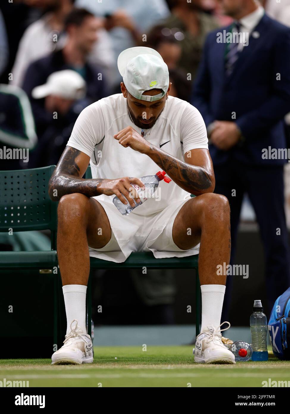 Nick Kyrgios after winning his Men's Singles third round match against Stefanos Tsitsipas during day six of the 2022 Wimbledon Championships at the All England Lawn Tennis and Croquet Club, Wimbledon. Picture date: Saturday July 2, 2022. Stock Photo