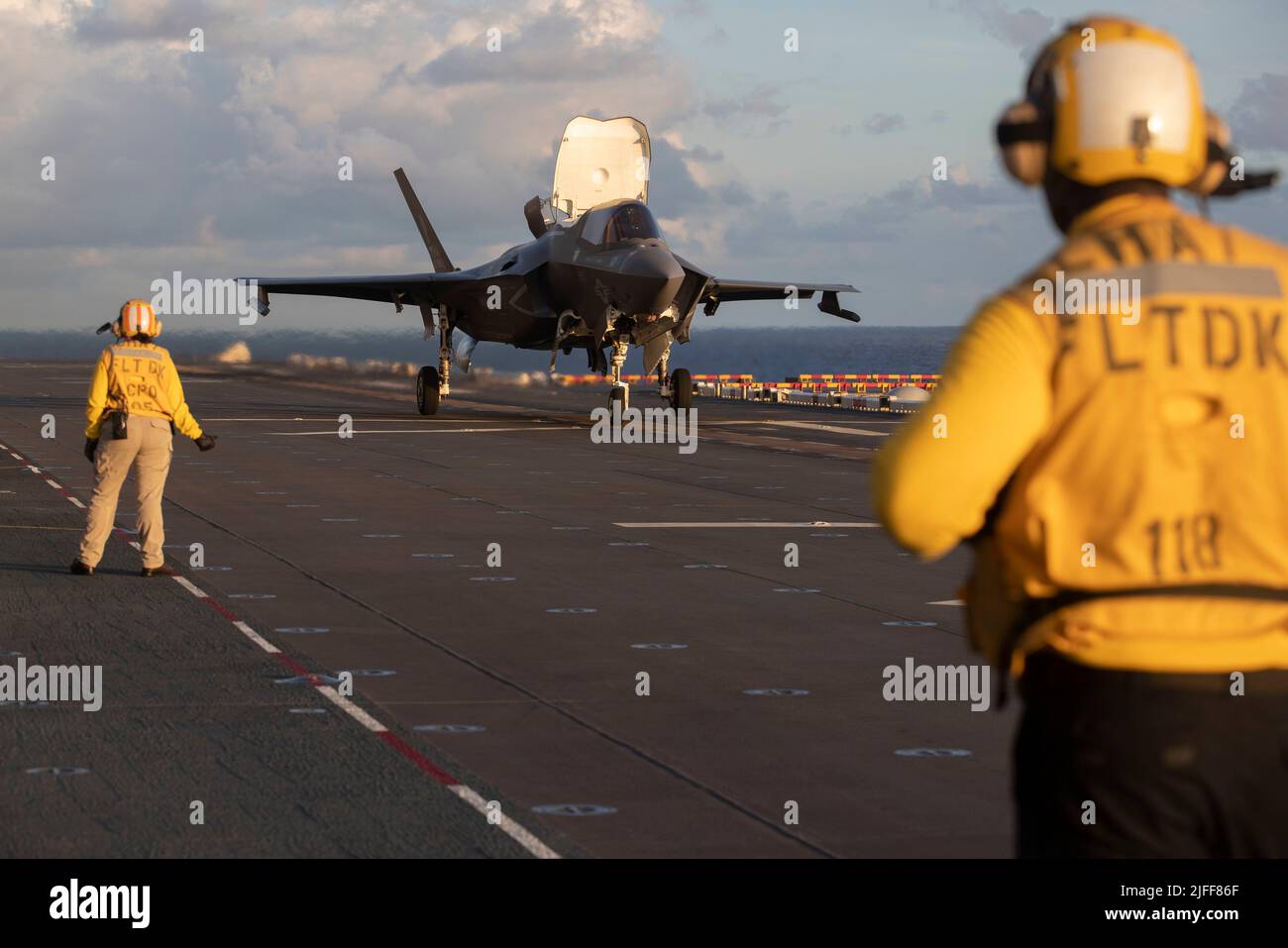 220701-N-XN177-1221 EAST CHINA SEA (July 1, 2022) – An F-35B Lightning II aircraft assigned to Marine Strike Fighter Squadron (VMFA) 121 launches from the flight deck aboard amphibious assault carrier USS Tripoli (LHA 7), July 1, 2022. Tripoli is operating in the U.S. 7th Fleet area of operations to enhance interoperability with allies and partners and serve as a ready response force to defend peace and maintain stability in the Indo-Pacific region.  (U.S. Navy photo by Mass Communication Specialist 1st Class Peter Burghart) Stock Photo