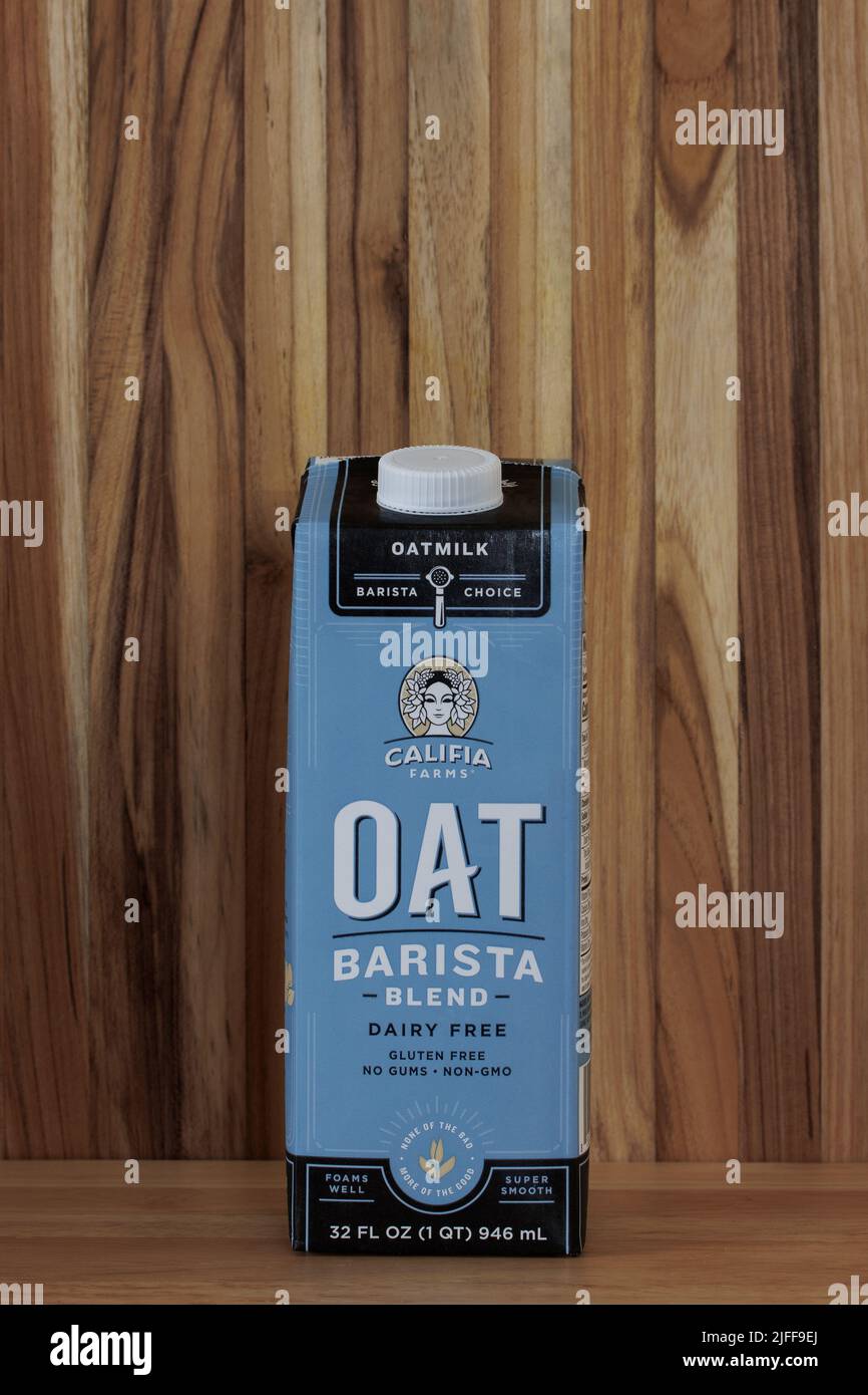 carton of Califia Farms Oat Milk, Barista Blend, dairy free milk substitute Stock Photo