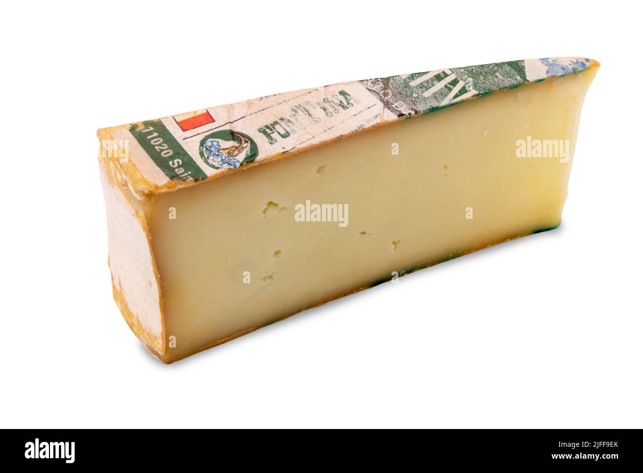 Fontina cheese from Aosta Valle, Italy, made with milk from cows grazing in the mountains, slice isolated on white, clipping path Stock Photo