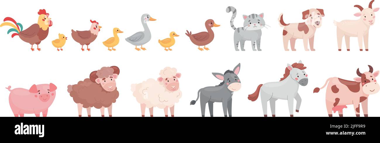 Farm animals in cartoon style. Set of cute animals and poultry: cow ...