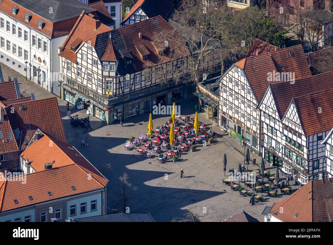 Aerial view, market place Soest with outdoor gastronomy and half-timbered houses, Soest, Soester Börde, North Rhine-Westphalia, Germany, outdoor gastr Stock Photo