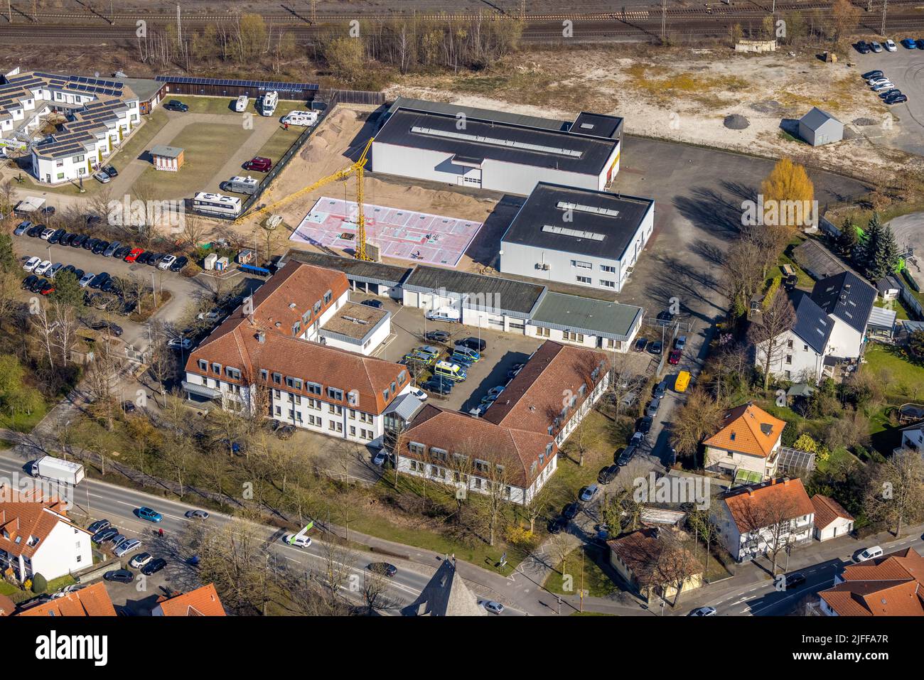 Aerial photograph, Soest District Police Department and ABEX Heldt Sauerland Gebäudetechnik, Osthofen, Soest, Soester Börde, North Rhine-Westphalia, G Stock Photo
