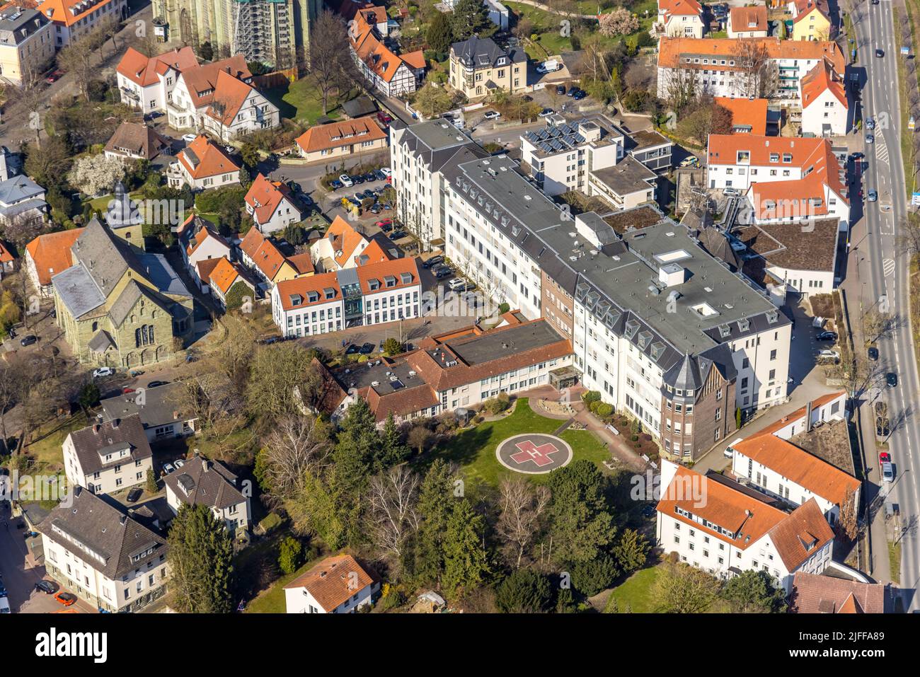 Aerial view, St. Mary's Hospital, Osthofen, Soest, Soester Börde, North Rhine-Westphalia, Germany, DE, Europe, health care, hospital, heliport, clinic Stock Photo